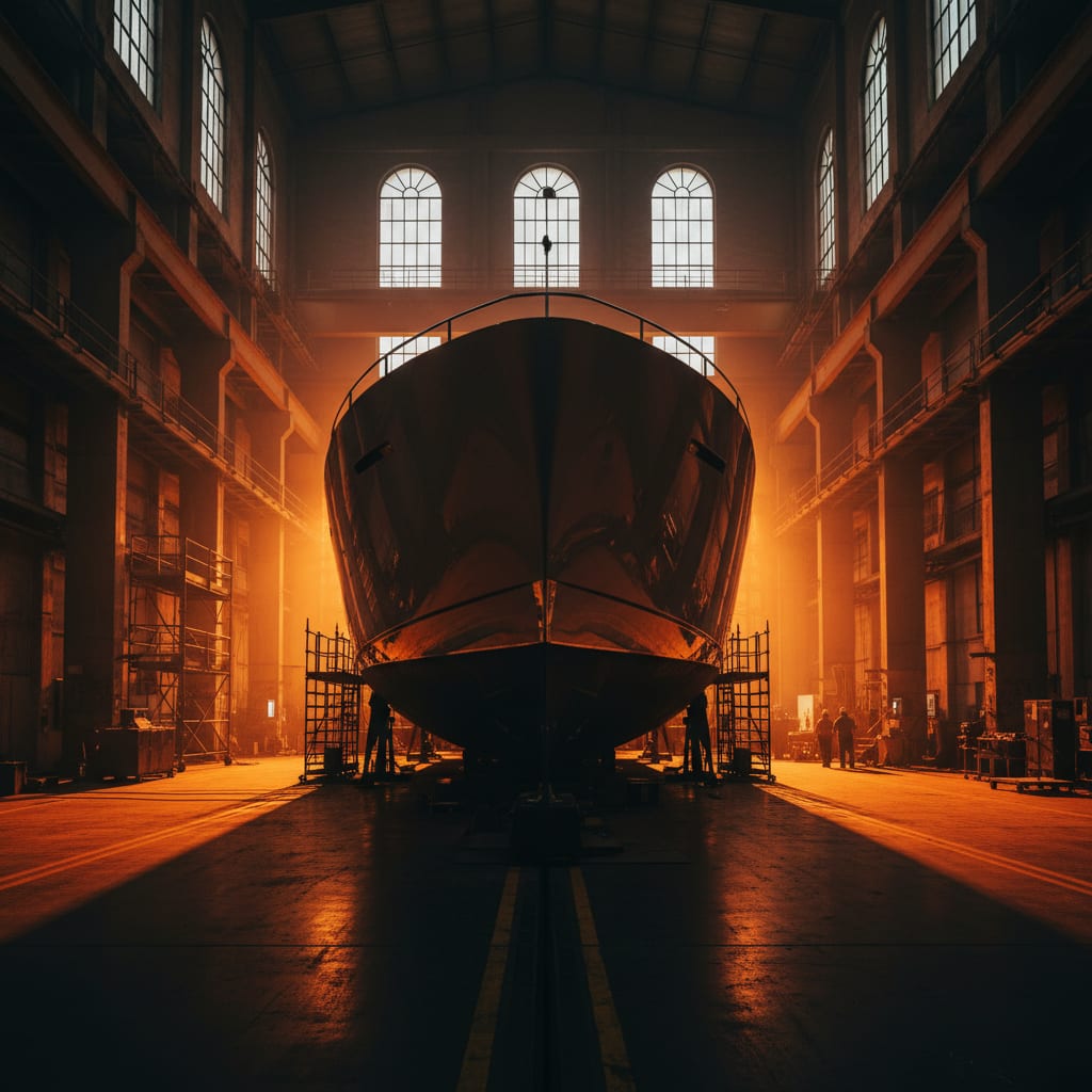 A cinematic, high-contrast shot of a sleek luxury motor yacht hull inside a cavernous industrial shipyard.